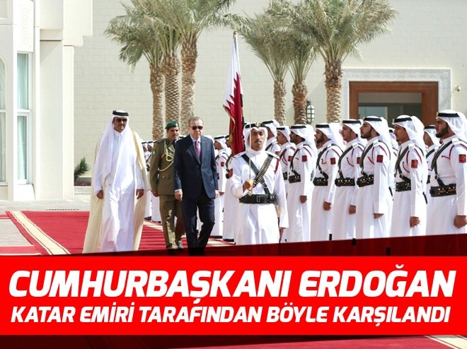 Cumhurbaşkanı Erdoğan, Katar Emiri Şeyh Temim tarafından törenle karşılandı.